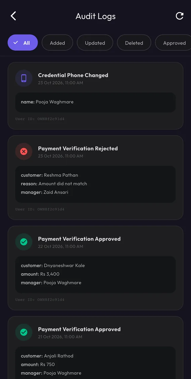 Audit log of security and approval events