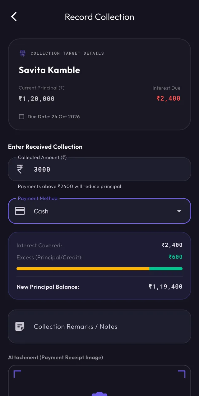 Record collection screen showing how an overpayment reduces principal