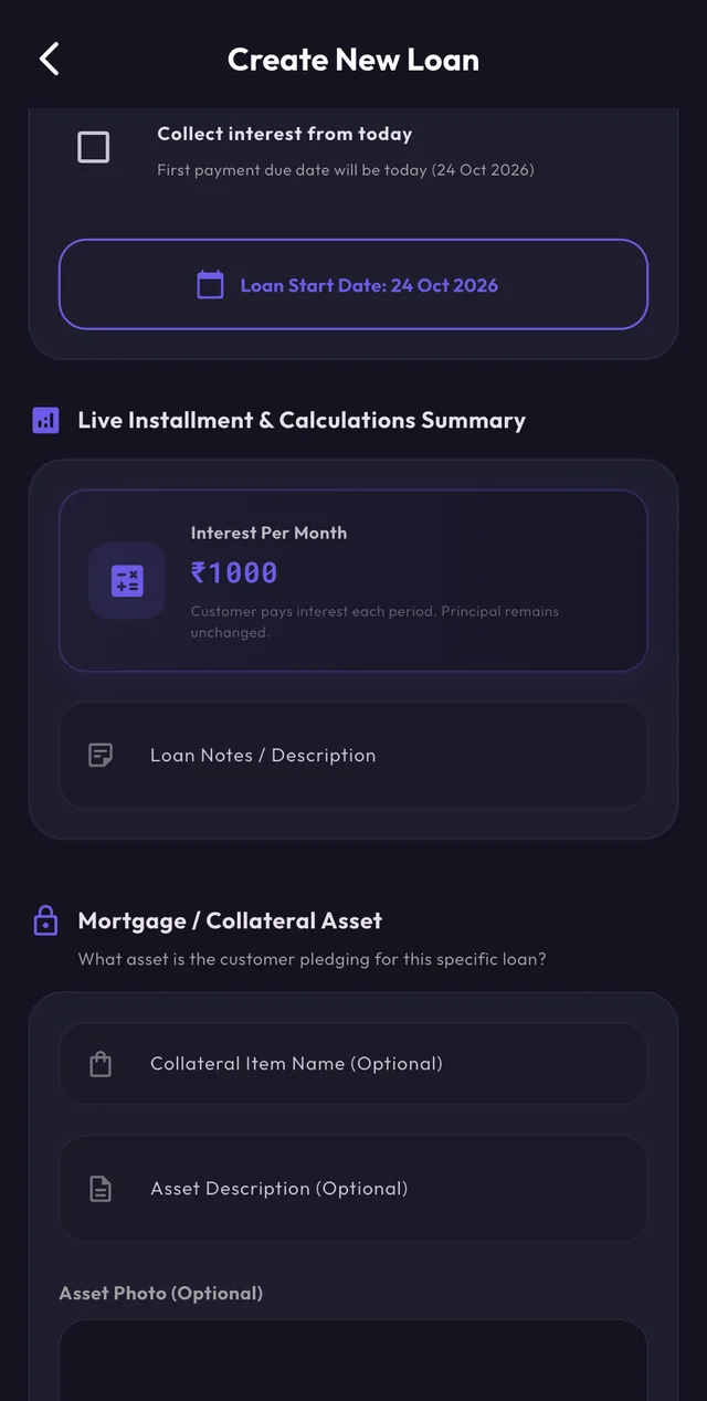 Live interest calculation on the create loan form