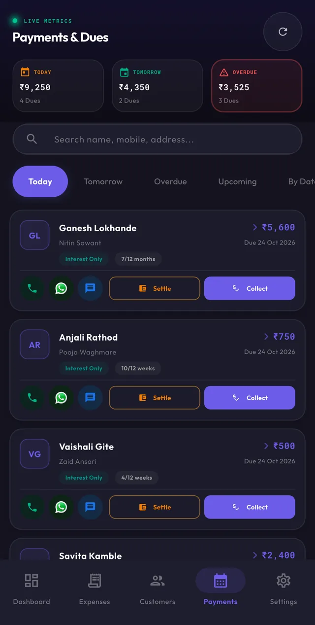 Payments and dues list with Collect and Settle actions