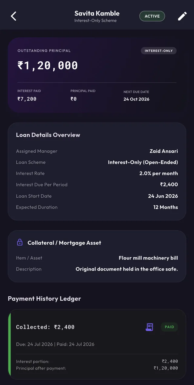 Loan overview with outstanding principal and next due date