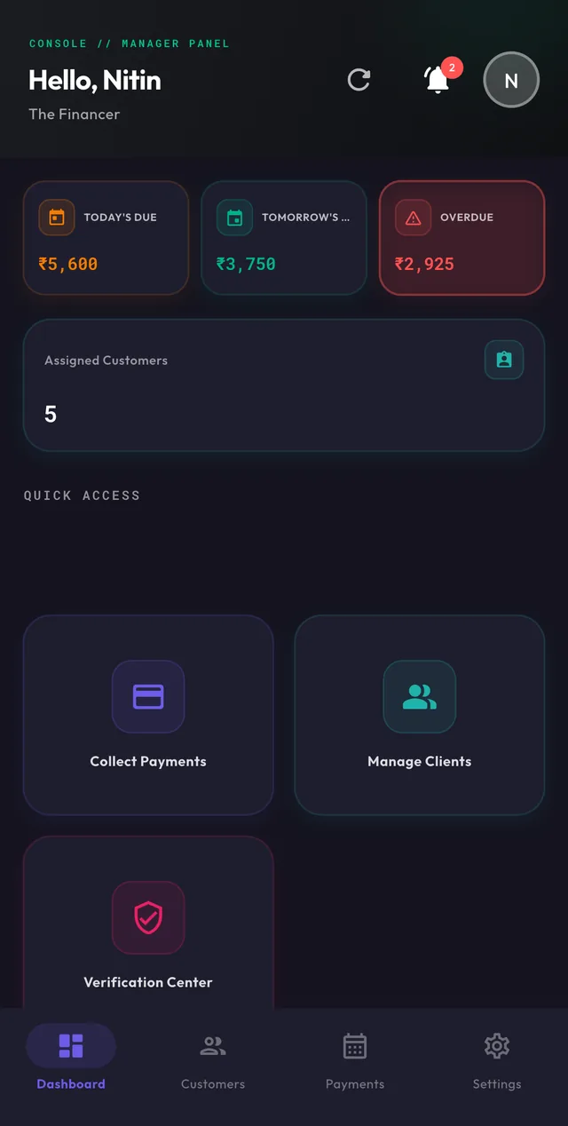 Manager dashboard with assigned customers and quick access