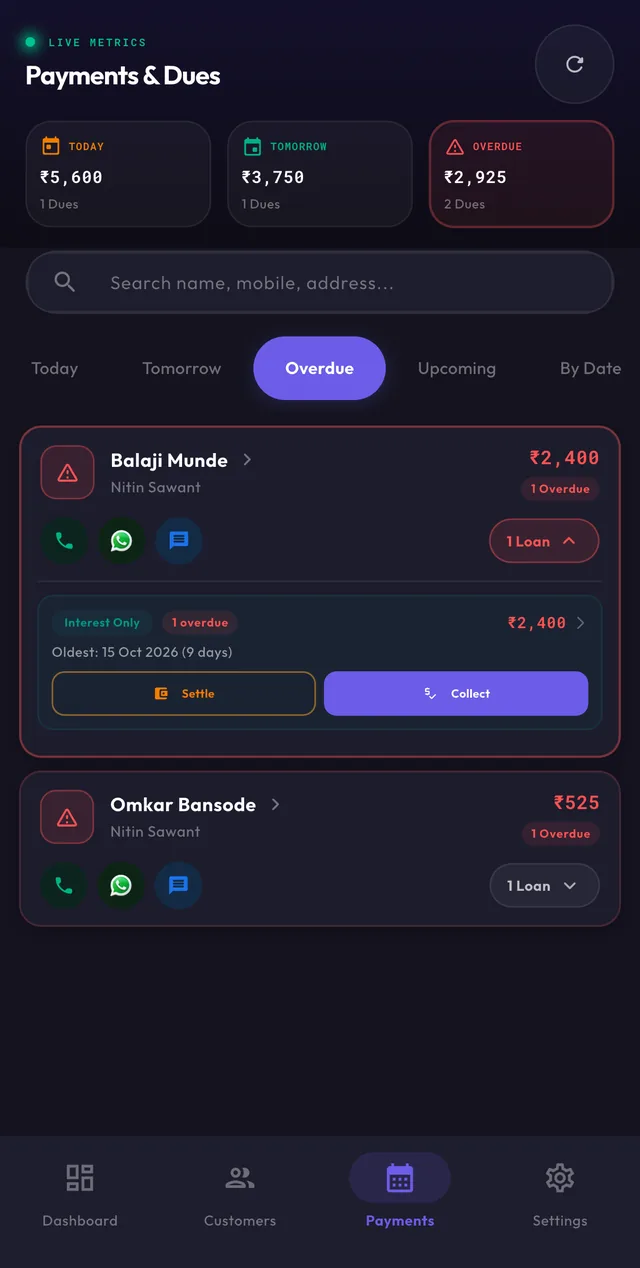 Manager view of an overdue customer with Collect and Settle