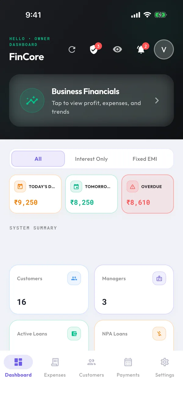 Owner dashboard with dues and system summary