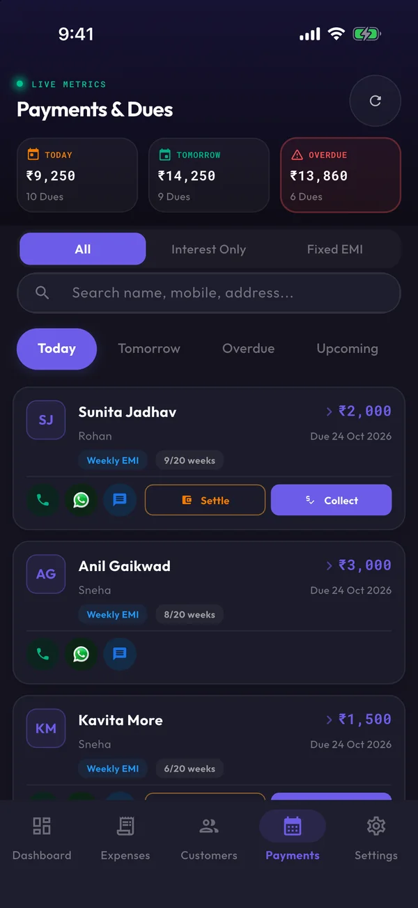 Dark mode payments and dues screen